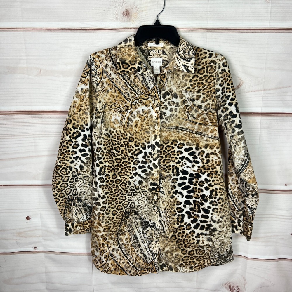 Chicos Top Womens 0 S Brown Leopard Cheetah Button Up Shirt No Iron Tunic Cotton